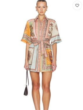 ALÉMAIS Alberta Printed 100% Linen Mini Shirt Dress Size 6 Beige Teal Rust Brown